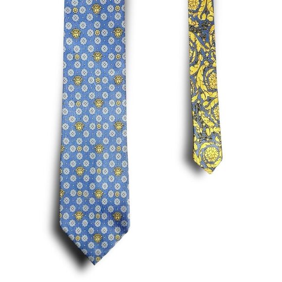 Versace Medusa Head Baroque Silk Necktie Blue Yellow Luxury Designer Tie - Picture 6 of 8